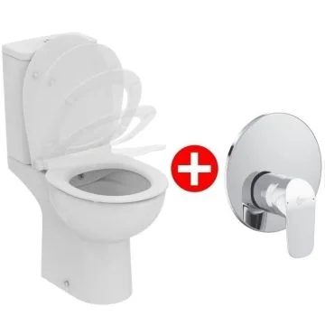 Set Vas WC cu bideu pe pardoseala cu rezervor aparent, baterie si capac soft close Ideal Standard Eurovit Rimless 37x62 cm evacuare orizontala