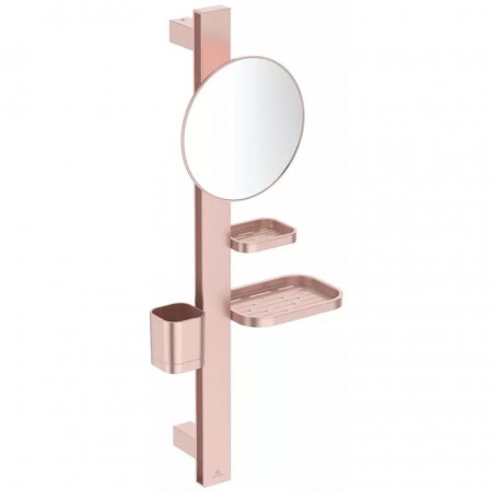 Ideal Standard Alu+ Oglinda cosmetica Ø21 cm cu suport periute , 2 etajere auriu roze (rose mat)