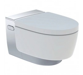 Set Vas WC cu bideu electronic suspendat cu capac soft close automat si telecomanda Geberit AquaClean Mera Comfort Rimless 39x59 cm evacuare orizontala, crom