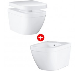 Set Vas WC suspendat cu capac si bideu Grohe Euro Ceramic Rimless 37x54 cm evacuare orizontala