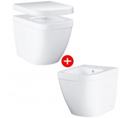 Set Vas WC pe pardoseala cu capac si bideu Grohe Euro Ceramic Rimless 37x54 cm evacuare orizontala sau verticala, lipit de perete