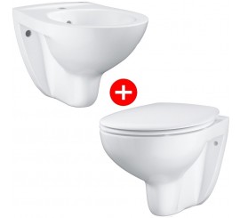Set Vas WC suspendat cu capac soft close si bideu Grohe Bau Ceramic Rimless 37x53 cm evacuare orizontala
