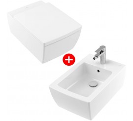 Set Vas WC suspendat cu capac soft close si bideu Villeroy & Boch Memento 2.0 38x56 cm evacuare orizontala, sistem spalare DirectFlush