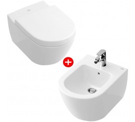 Set Vas WC suspendat cu capac si bideu Villeroy & Boch Subway 2.0 37x56 cm evacuare orizontala, sistem spalare DirectFlush