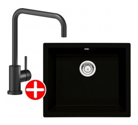 Deante Corda Flush Set chiuveta bucatarie granit 60x46 cm, negru si baterie monocomanda Nobili Live negru mat