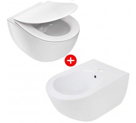 Set Vas WC suspendat cu capac soft close si bideu Deante Peonia Rimless 36x51 cm evacuare orizontala, alb