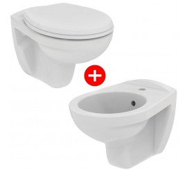 Set Vas WC suspendat cu capac si bideu Ideal Standard Eurovit Rimless 36x52 cm evacuare orizontala