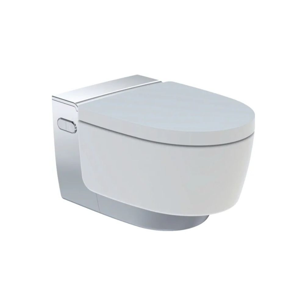 Set Vas WC cu bideu electronic suspendat cu capac soft close automat si telecomanda Geberit AquaClean Mera Comfort Rimless 39x59 cm evacuare orizontala, crom main product photo
