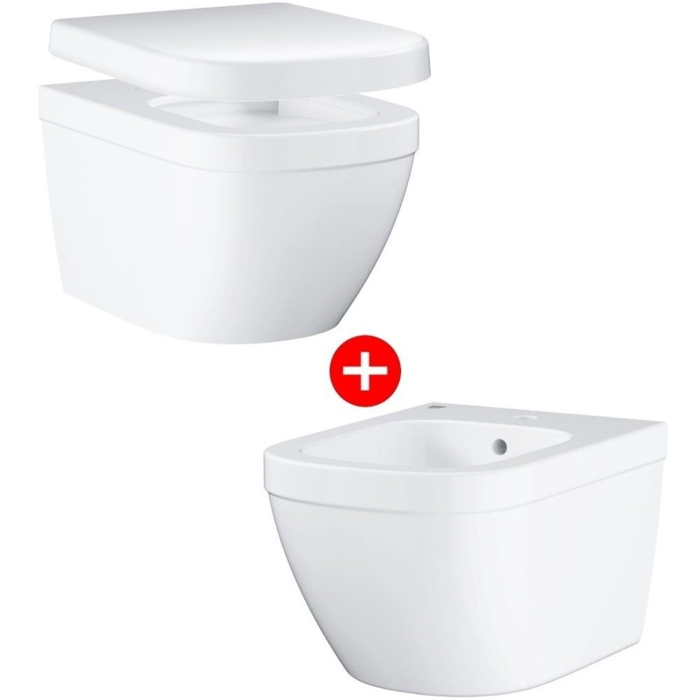 Set Vas WC suspendat cu capac si bideu Grohe Euro Ceramic Rimless 37x54 cm evacuare orizontala main product photo
