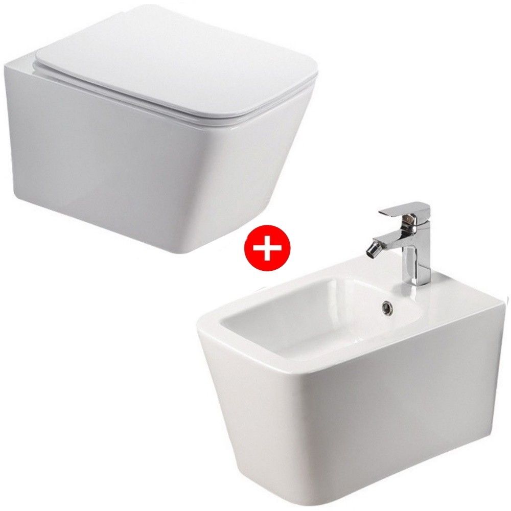 Set Vas WC suspendat cu capac soft close si bideu Fluminia Paris Rimless 37x53 cm evacuare orizontala main product photo