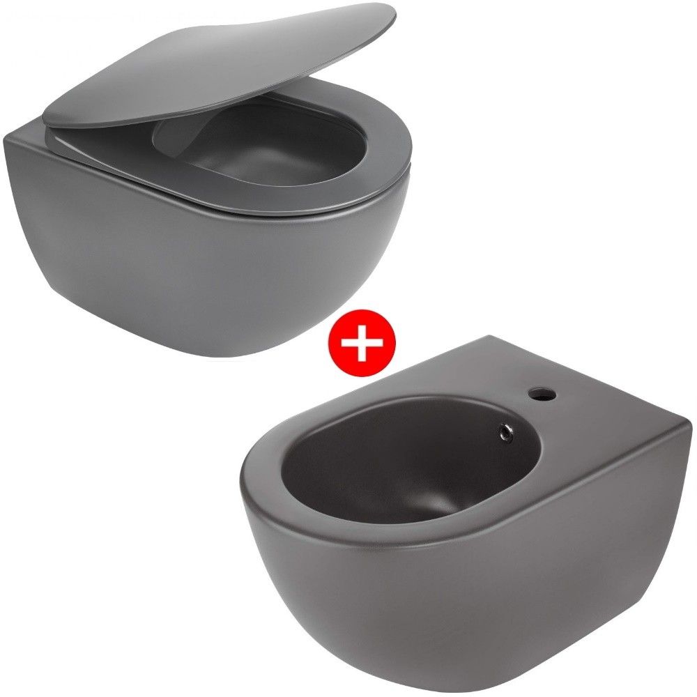 Set Vas WC suspendat cu capac soft close si bideu Deante Peonia Rimless 36x51 cm evacuare orizontala, antracit main product photo