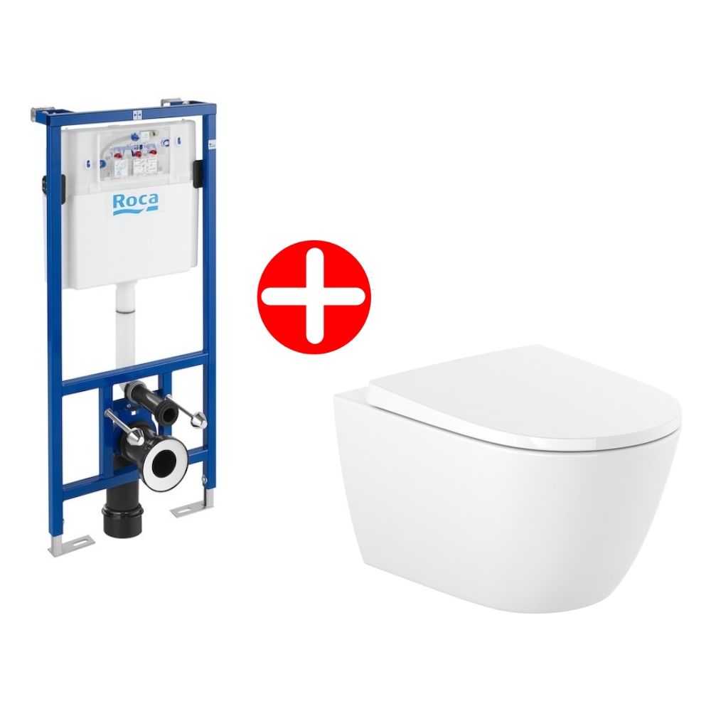 Set promo Vas WC suspendat cu rezervor incastrat si capac soft close Roca Duplo Ona Rimless 36x53 cm evacuare orizontala, alb main product photo