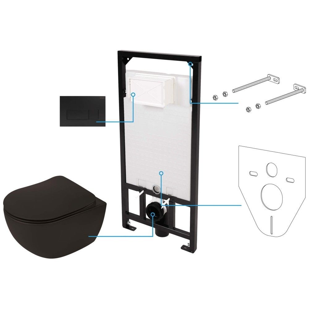 Set Vas WC suspendat cu rezervor incastrat, capac soft close si clapeta de actionare neagra Deante Peonia Rimless 36x51 cm evacuare orizontala, negru main product photo