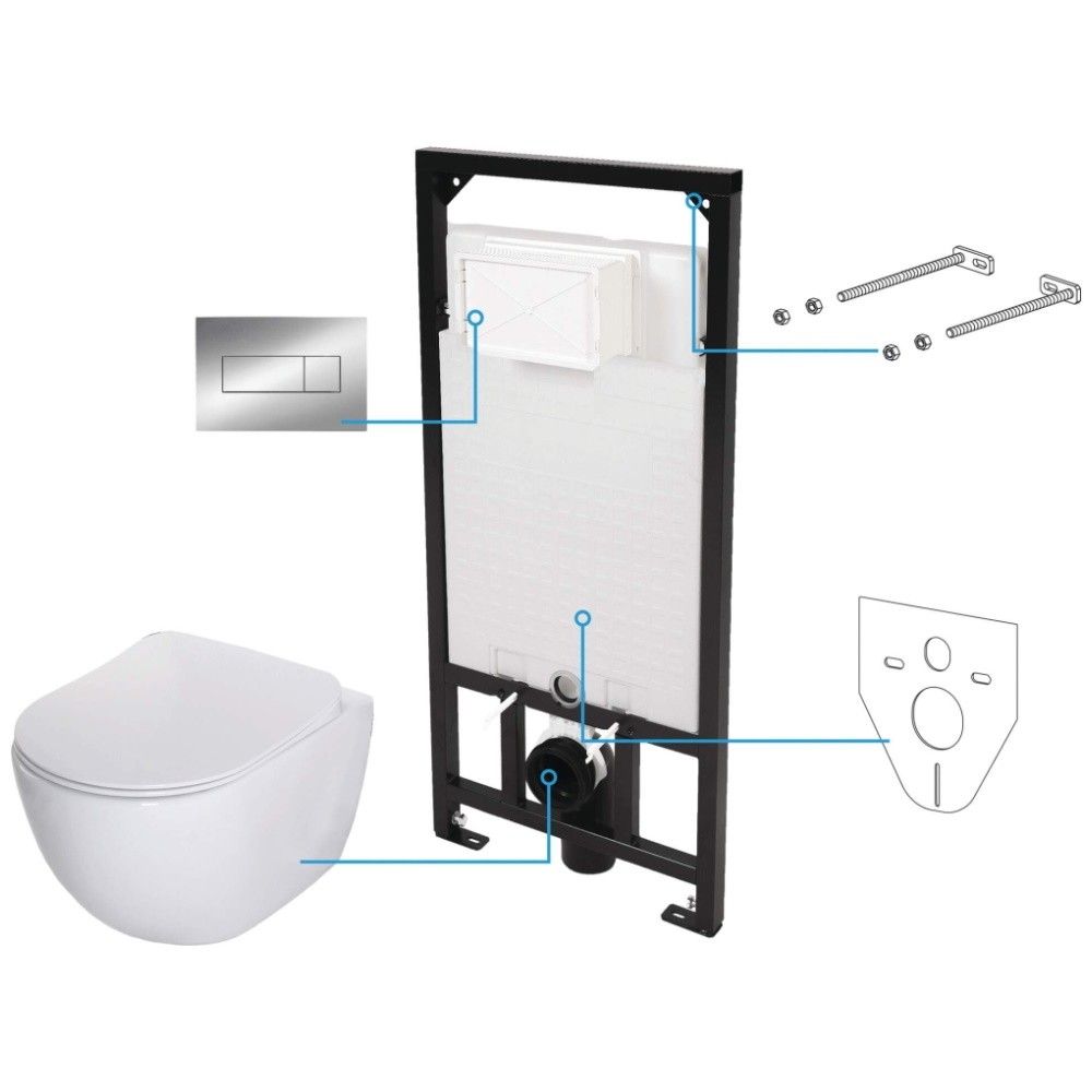 Set Vas WC suspendat cu rezervor incastrat, capac soft close si clapeta de actionare crom Deante Peonia Rimless 36x51 cm evacuare orizontala main product photo