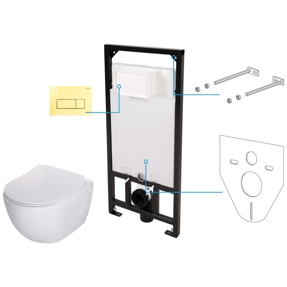 Set Vas WC suspendat cu rezervor incastrat, capac soft close si clapeta de actionare aurie Deante Peonia Rimless 36x51 cm evacuare orizontala main product photo