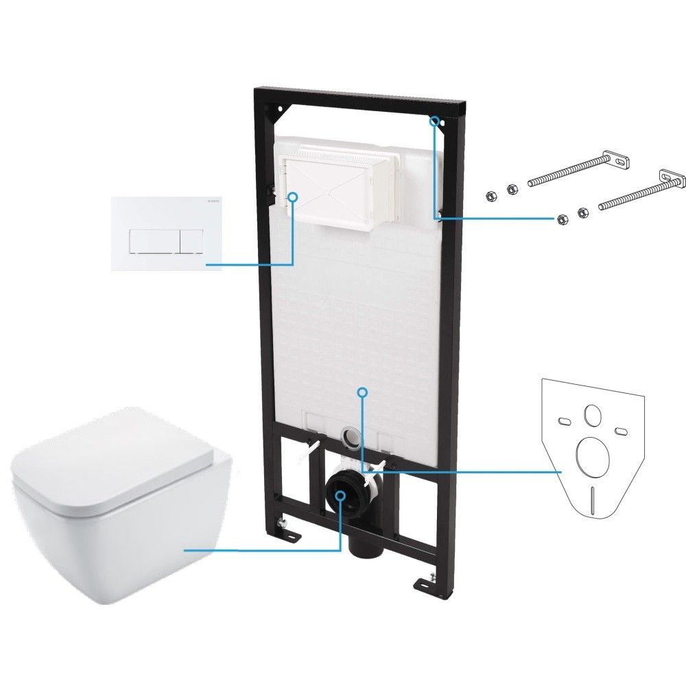Set Vas WC suspendat cu rezervor incastrat, capac soft close si clapeta de actionare alba Deante Hiacynt Rimless 35x53 cm evacuare orizontala main product photo