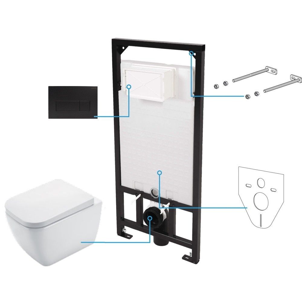 Set Vas WC suspendat cu rezervor incastrat, capac soft close si clapeta de actionare neagra Deante Hiacynt Rimless 35x53 cm evacuare orizontala main product photo