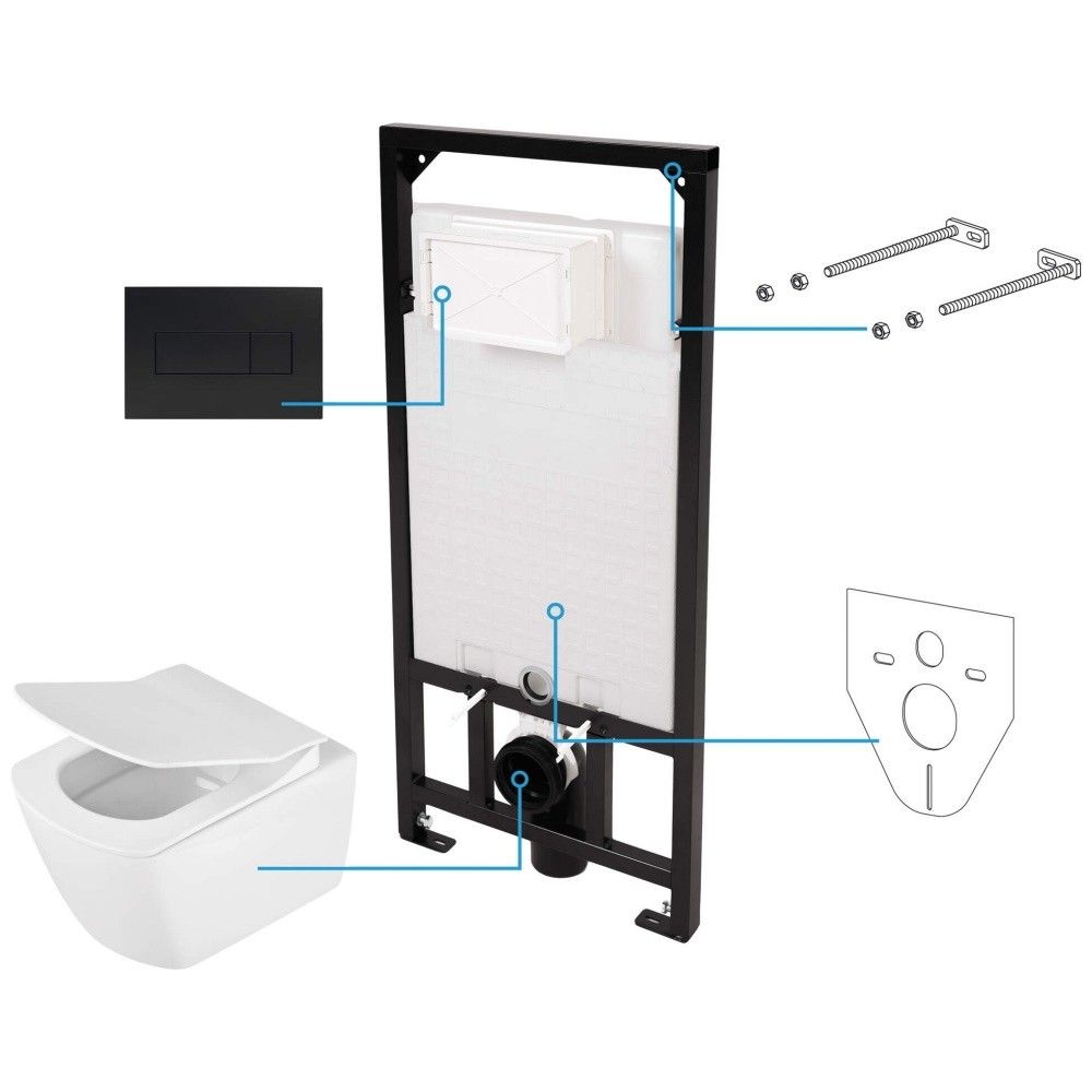 Set Vas WC suspendat cu rezervor incastrat, capac si clapeta de actionare neagra Deante Anemon Zero Rimless 37x52 cm evacuare orizontala main product photo
