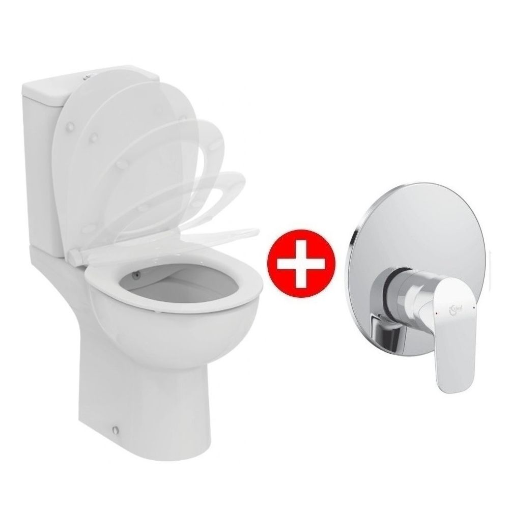 Set Vas WC cu bideu pe pardoseala cu rezervor aparent, baterie si capac soft close Ideal Standard Eurovit Rimless 37x62 cm evacuare orizontala main product photo