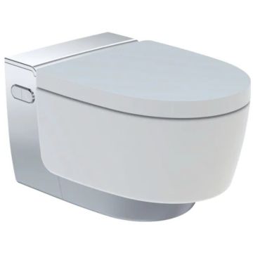Set Vas WC cu bideu electronic suspendat cu capac soft close automat si telecomanda Geberit AquaClean Mera Comfort Rimless 39x59 cm evacuare orizontala, crom