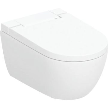 Set Vas WC cu bideu electronic suspendat cu capac soft close automat si telecomanda Geberit AquaClean Alba Rimless 37x56 cm evacuare orizontala