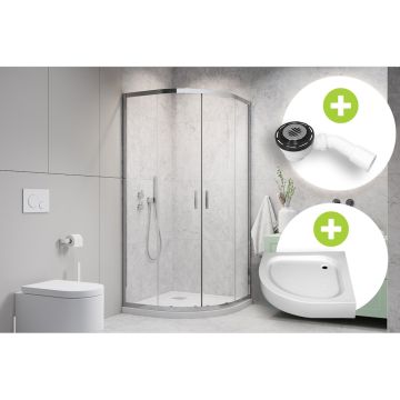 Set promo Cabina dus semirotunda cu usi glisante Radaway Alienta A800 80x80 cm, cadita si sifon