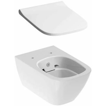 Set Vas WC cu bideu suspendat cu capac Geberit Smyle Square 36x54 cm evacuare orizontala
