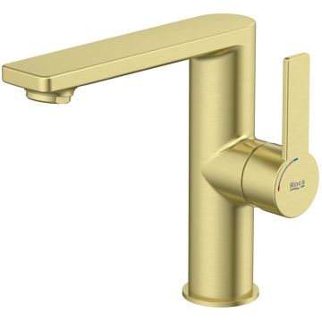 Baterie chiuveta baie Roca Targa, Cold Start H16 cm, cu ventil click-clack, auriu mat (brushed brass)
