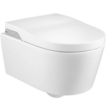 Set Vas WC cu bideu electronic suspendat cu capac soft close automat si telecomanda Roca Inspira In-Wash Rimless 39x56 cm evacuare orizontala