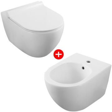 Set Vas WC suspendat cu capac soft close si bideu Fluminia Minerva Rimless 36x53 cm evacuare orizontala