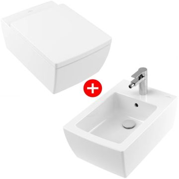 Set Vas WC suspendat cu capac soft close si bideu Villeroy & Boch Memento 2.0 38x56 cm evacuare orizontala, sistem spalare DirectFlush