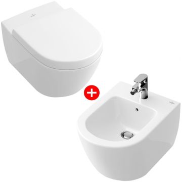 Set Vas WC suspendat cu capac si bideu Villeroy & Boch Subway 2.0 37x56 cm evacuare orizontala, sistem spalare DirectFlush