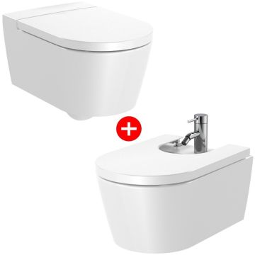 Set Vas WC suspendat cu capac soft close si bideu Roca Inspira Round Rimless 37x56 cm evacuare orizontala