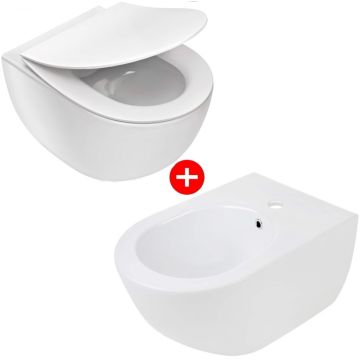 Set Vas WC suspendat cu capac soft close si bideu Deante Peonia Rimless 36x51 cm evacuare orizontala, alb