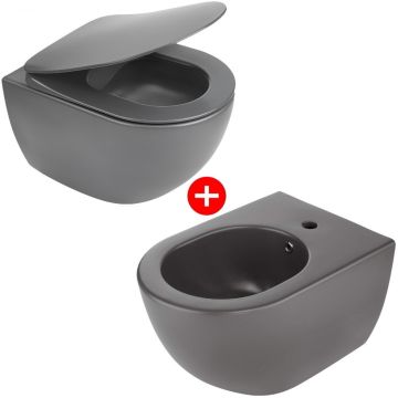 Set Vas WC suspendat cu capac soft close si bideu Deante Peonia Rimless 36x51 cm evacuare orizontala, antracit