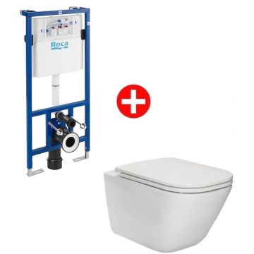 Set promo Vas WC suspendat cu rezervor incastrat si capac soft close Roca Duplo The Gap Rimless 35x54 cm evacuare orizontala