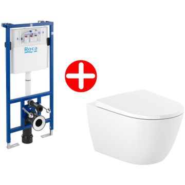 Set promo Vas WC suspendat cu rezervor incastrat si capac soft close Roca Duplo Ona Rimless 36x53 cm evacuare orizontala, alb