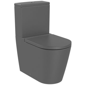 Set Vas WC pe pardoseala cu rezervor aparent si capac soft close Roca Inspira Round Rimless 37x65 cm evacuare orizontala sau verticala, antracit (onyx)