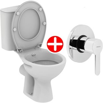 Set promo Vas WC cu bideu pe pardoseala cu rezervor aparent, baterie si capac Vidima Ulysse S Nobili 37x64 cm evacuare orizontala