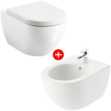 Set Vas WC suspendat cu capac soft close si bideu Ravak Uni Chrome 36x51 cm evacuare orizontala