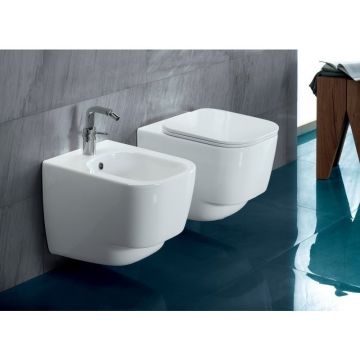 Set Vas WC suspendat cu capac soft close si bideu Hatria Fusion 48 35x48 cm evacuare orizontala