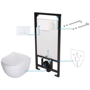 Set Vas WC suspendat cu rezervor incastrat, capac soft close si clapeta de actionare alba Deante Peonia Rimless 36x51 cm evacuare orizontala