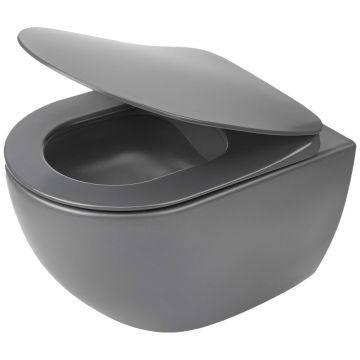 Set Vas WC suspendat cu capac soft close Deante Peonia Rimless 36x51 cm evacuare orizontala, antracit (titanium)