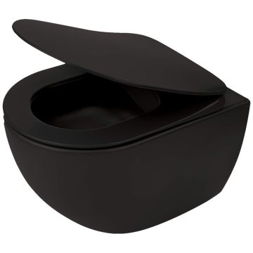 Set Vas WC suspendat cu capac soft close Deante Peonia Rimless 36x51 cm evacuare orizontala, negru