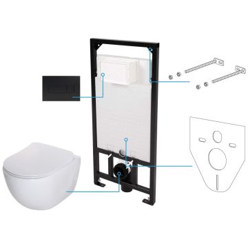 Set Vas WC suspendat cu rezervor incastrat, capac soft close si clapeta de actionare neagra Deante Peonia Rimless 36x51 cm evacuare orizontala