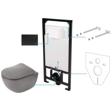 Set Vas WC suspendat cu rezervor incastrat, capac soft close si clapeta de actionare neagra Deante Peonia Rimless 36x51 cm evacuare orizontala, antracit (titanium)