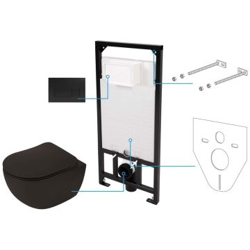 Set Vas WC suspendat cu rezervor incastrat, capac soft close si clapeta de actionare neagra Deante Peonia Rimless 36x51 cm evacuare orizontala, negru