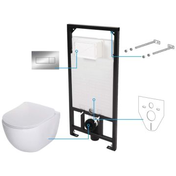 Set Vas WC suspendat cu rezervor incastrat, capac soft close si clapeta de actionare crom Deante Peonia Rimless 36x51 cm evacuare orizontala