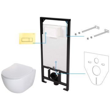 Set Vas WC suspendat cu rezervor incastrat, capac soft close si clapeta de actionare aurie Deante Peonia Rimless 36x51 cm evacuare orizontala