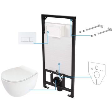Set Vas WC suspendat cu rezervor incastrat, capac soft close si clapeta de actionare alba Deante Silia Rimless 37x52 cm evacuare orizontala